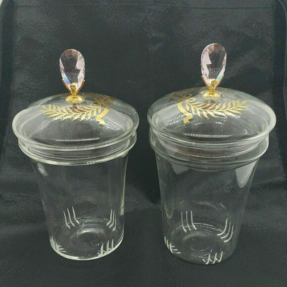 Vintage Crystal Jars Vanity Pair Gold Laurel Leaf Lid Amethyst glass Topper - Picture 1 of 10